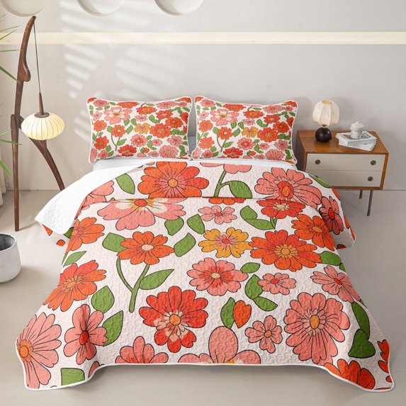 Erosebridal Retro Daisy Flower Twin Quilt Set for Girls, Leaf Botanical Print Twin Coverlet Set, Orange Green, 2pcs