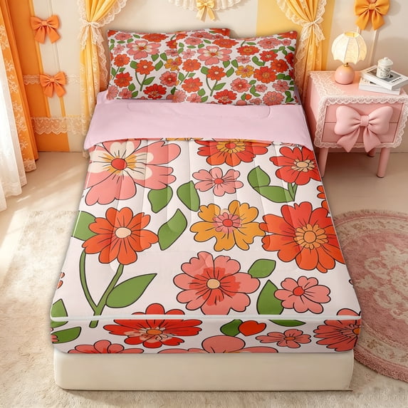Erosebridal Retro Daisy Flower Zipper Twin Comforter Sets with Fitted Sheet and 2 Pillowcases for Girls, Leaf Botanical Print Zipper Bedding Set, Orange Green, Pink Reversible, 4pcs