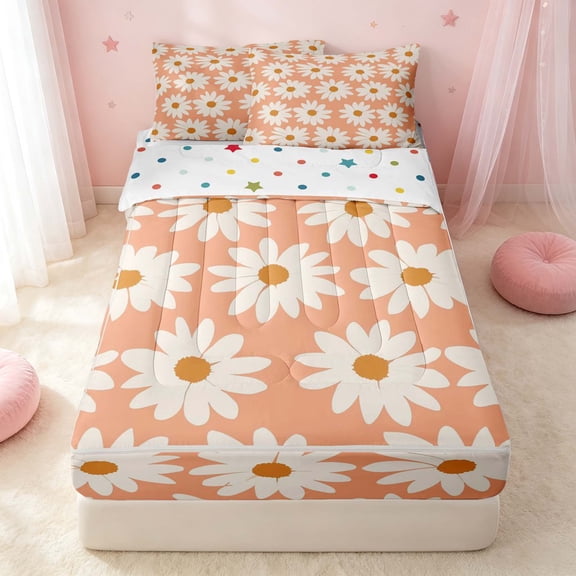 Erosebridal Retro Daisy Zipper Queen Comforter Set with Fitted Sheet and 2 Pillowcases, Cartoon Flower Zipper Bedding Set, Polka Dots Reversible, Peach Cream Orange, Polka Dots Reversible