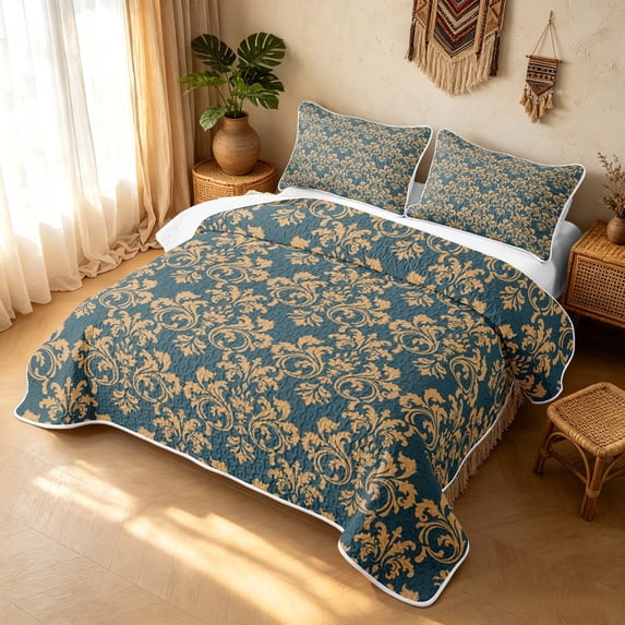 Erosebridal Retro Damask Bed Spread Queen, Baroque Flower Queen Coverlet Set, Teal Gold 3pcs, 1 Quilt and 2 Pillowcases