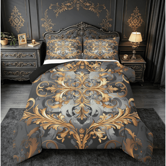 Erosebridal Retro Damask Flower Bedding King Comforter Set,Boho Bohemain Down Comforter,Gold Gray Gothic Flower Bedding Sets King with Comforter For Kids,Breathable Bedroom Decor Reversible,3 Pieces