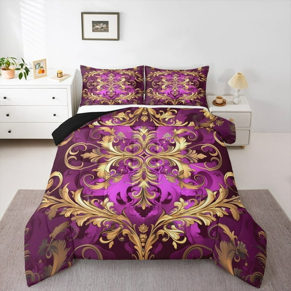 Erosebridal Retro Damask Flower Bedding Sets Twin with Comforter,Boho Bohemain Duvet Insert,Gold Pink Gothic Flower Comforter Sets Twin Size For Kids,Breathable Bedroom Decor Reversibleļ¼2pcs