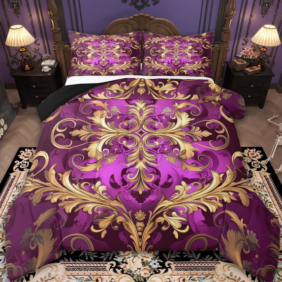 Erosebridal Retro Damask Flower Comforter Sets Full Size,Boho Bohemain Comforters & Duvets,Gold Pink Gothic Flower Bedding Full Comforter Set For Kids,Breathable Bedroom Decor Reversible,3-Piece
