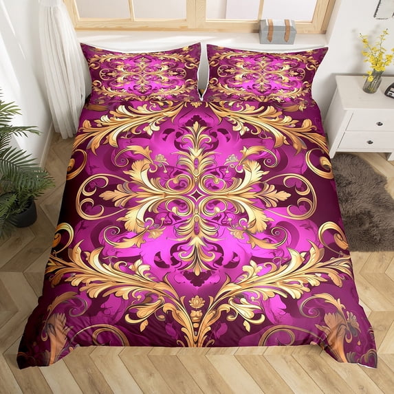 Erosebridal Retro Damask Flower Duvet Cover King,Boho Bohemain Bedding Sets King Size,Gold Pink Gothic Flower Comforter Cover King For Kids,Breathable Bedroom Decor Reversible,3-Piece(No Comforter)