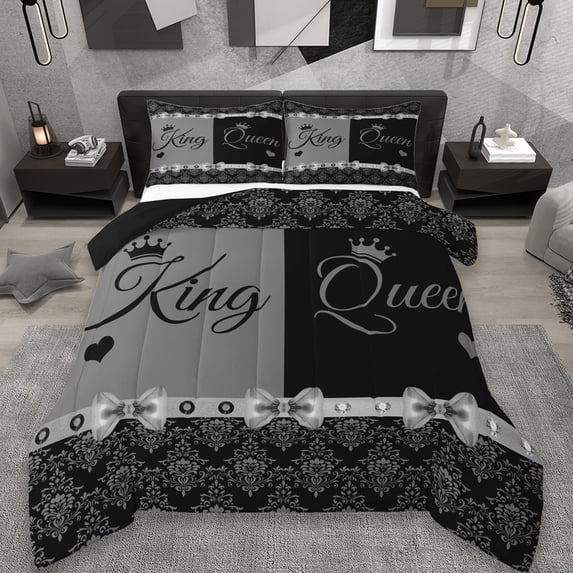 Erosebridal Retro Damask Flower Queen Comforter Set,Silver Bowknot Queen And King Bedding Comforter Set For Adults, Reversible 3-Piece