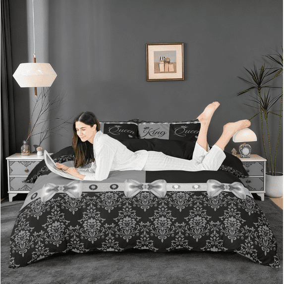 Erosebridal Retro Damask Flower Queen Duvet Cover Set,Silver Bowknot Queen And King Bedding For Adults 3-Piece,No Comforter,Reversible