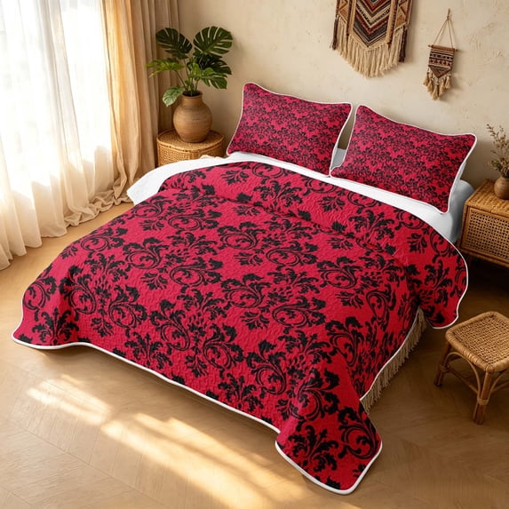 Erosebridal Retro Damask Quilt King, Baroque Floral King Coverlet Set, Scarlet Red 3 Pieces, 1 Bedspread and 2 Pillowcases