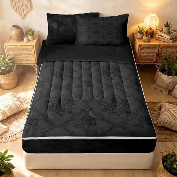 Erosebridal Retro Damask Zipper Twin Comforter Sets with Fitted Sheet and 2 Pillowcases, Baroque Flower Zipper Bedding Set, Gray Black, Black Reversible