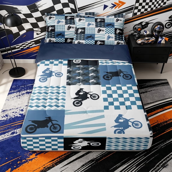 Erosebridal Retro Dirt Bike Silhouette Zipper Queen Comforter Set with Fitted Sheet and 2 Pillowcases,Classic Checkered Print Zipper Bedding Set,Navy Blue White,Navy Blue Reversible
