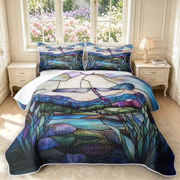 Erosebridal Retro Dragonfly Quilt Full,Bohemian Plants Full Bedspread Sets,Blue Purple,3-Piece,1 Coverlet and 2 Pillowcases