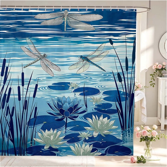 Erosebridal Retro Dragonfly Shower Curtain 72Wx72L,Cartoon Flower Bathroom Curtain,Blue White