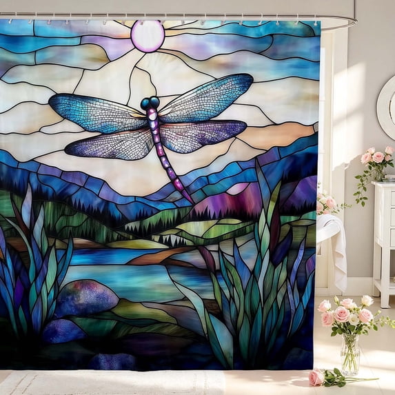 Erosebridal Retro Dragonfly Shower Curtain 72Wx78L,Bohemian Plants Bath Curtain,Blue Purple