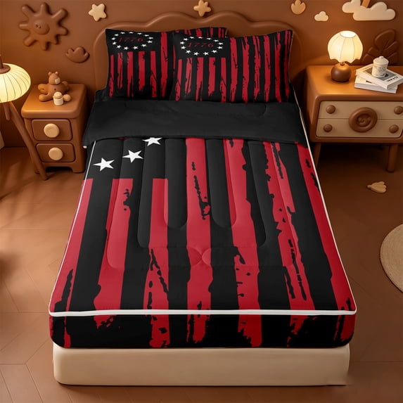 Erosebridal Retro Flag Pattern Zipper Queen Comforter Set with Fitted Sheet and 2 Pillowcases,Red Geometric Stripe Zipper Bedding Set For Boys,Black Reversible,4pcs