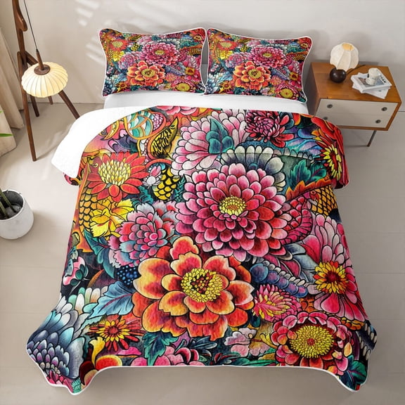 Erosebridal Retro Floral Dragon Bed Spread Queen,Vintage Peony Queen Coverlet Set For Adults,3-Piece