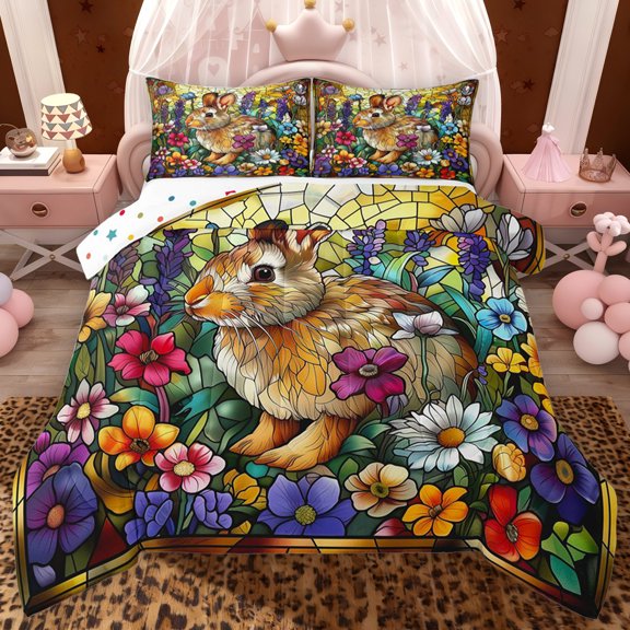 Erosebridal Retro Floral Rabbit Queen Comforter Set, Cathedral Glass Aesthetic Bedding Comforter Set, Polka Dots Reversible 2 Pieces, 1 Comforter and 2 Pillowcases