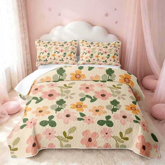 Erosebridal Retro Floral Twin Quilt Set, Tropical Flower Twin Coverlet Set, Pink Reversible, Peach Sage, 2pcs (1 Bedspread and 1 Pillowcase)