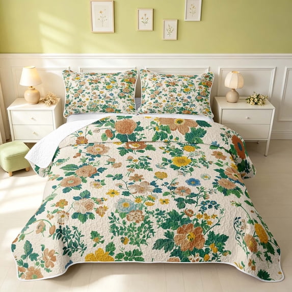Erosebridal Retro Floral Twin Quilt Set, Vintage Blossom Twin Coverlet Set, Reversible, Cream Floral, 2-Piece (1 Bedspread and 1 Pillowcase)