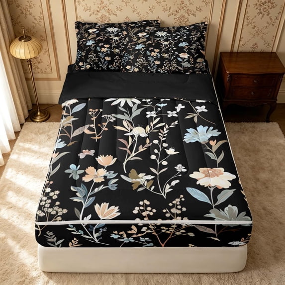 Erosebridal Retro Floral Zipper Twin Comforter Sets with Fitted Sheet and 2 Pillowcases, Chic Blossom Zipper Bedding Set, Black Reversible, Midnight Neutral, Black Reversible