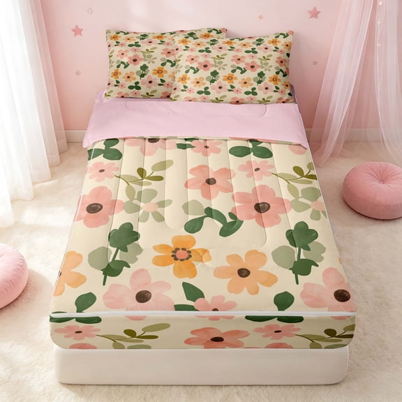 Erosebridal Retro Floral Zipper Twin Comforter Sets with Fitted Sheet and 2 Pillowcases, Tropical Flower Zipper Bedding Set, Pink Reversible, Peach Sage, Pink Reversible