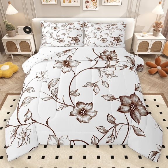 Erosebridal Retro Flower Queen Comforter Set for Girls Women, Brown Floral Bedding Comforter Set, Reversible, 3pcs