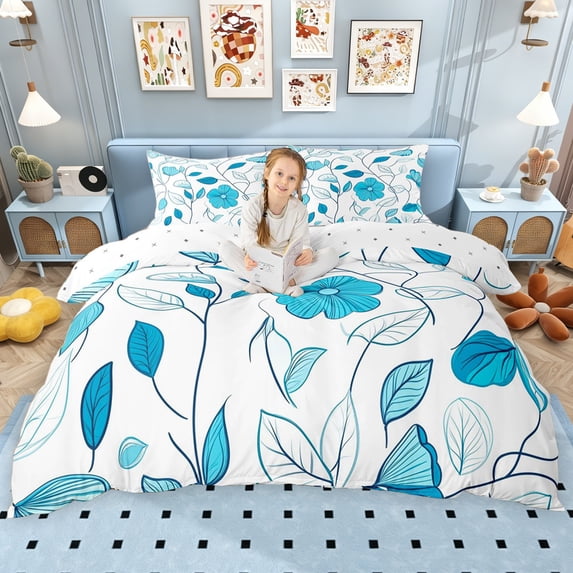 Erosebridal Retro Flower Queen Duvet Cover Set for Girls Women, Blue Floral Bedding, Reversible, 3pcs 1 Duvet Cover and 2 Pillowcases, No Comforter