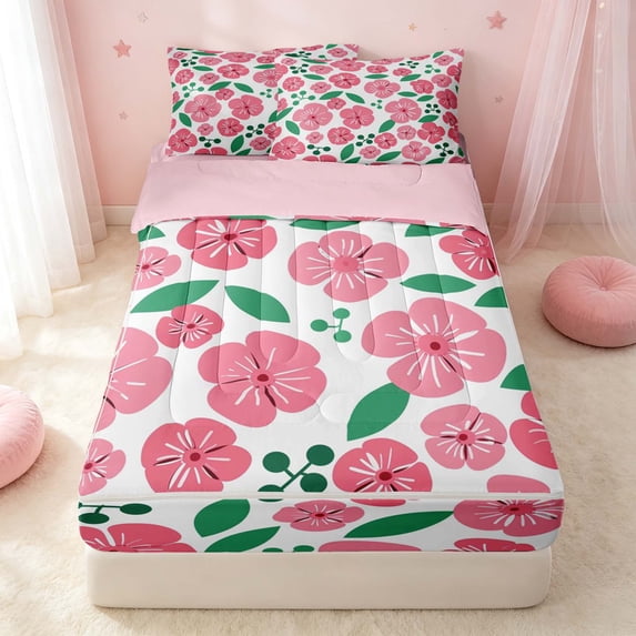 Erosebridal Retro Flower Zipper Queen Comforter Set with Fitted Sheet and 2 Pillowcases, Tropical Blossom Zipper Bedding Set, Pink Reversible, Hot Pink Green, Pink Reversible