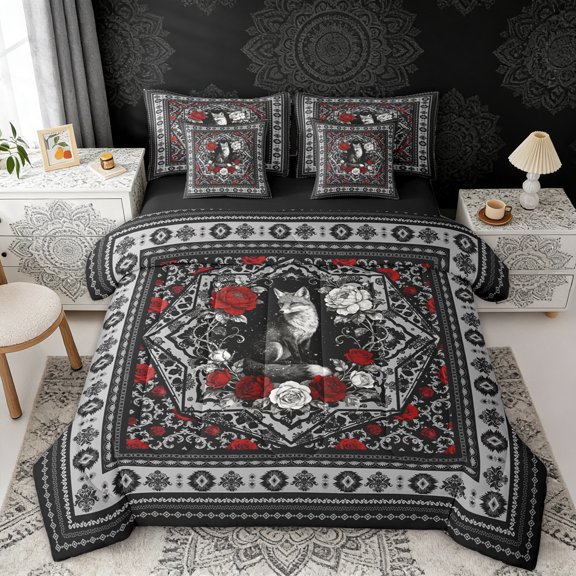 Erosebridal Retro Fox Twin Bedding Sets, Bohemian Aztec Mandala Bedding Comforter Set, Black Gray Red, Black Reversible 7 Pieces