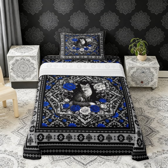 Erosebridal Retro Fox Twin Sheet Sets, Bohemian Aztec Mandala Bedding, Black Gray Blue, 3-Piece 1 Flat Sheet, 1 Fitted Sheet and 1 Pillowcase