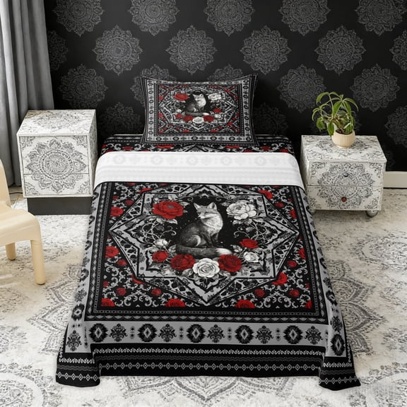 Erosebridal Retro Fox Twin Sheet Sets, Bohemian Aztec Mandala Bedding, Black Gray Red, 3pcs 1 Flat Sheet, 1 Fitted Sheet and 1 Pillowcase