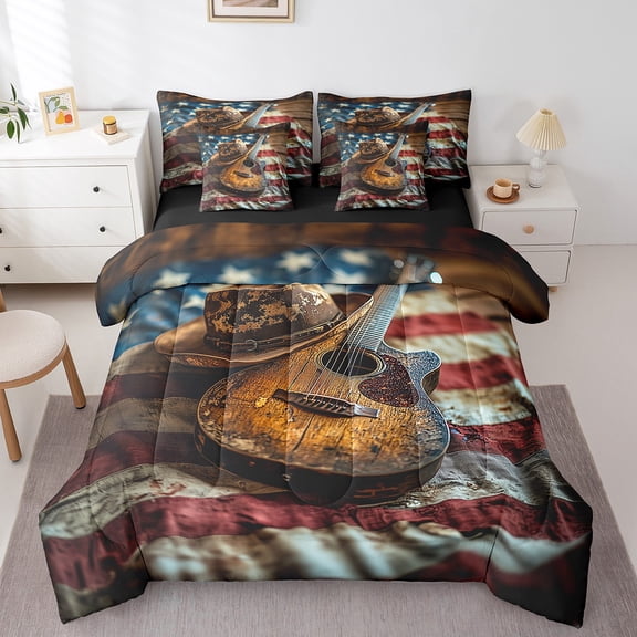 Erosebridal Retro Guitar Bedding Sets Twin Size, American Flag Bed Set, Reversible 7 Pieces
