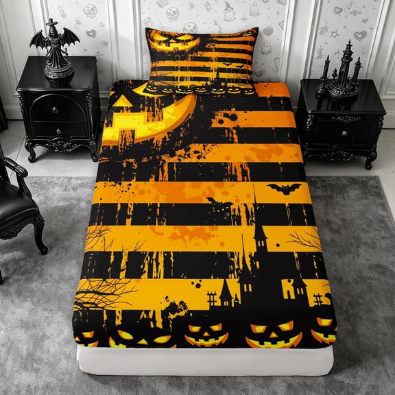 Erosebridal Retro Halloween Twin Fitted Sheet 2 Pieces,Vintage Spooky Bedding,Striped Orange,1 Fitted Sheet and 1 Pillowcase