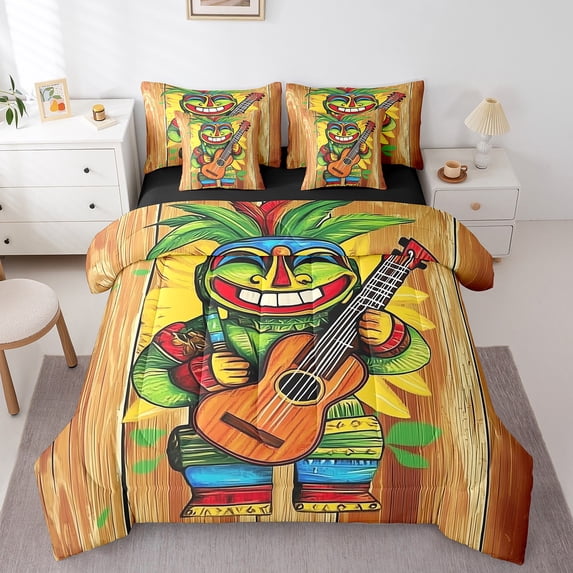 Erosebridal Retro Hawaiian Bed in a Bag King size, Wooden Guitar Bed Set, Old Barn Door Decor, Reversible 7pcs