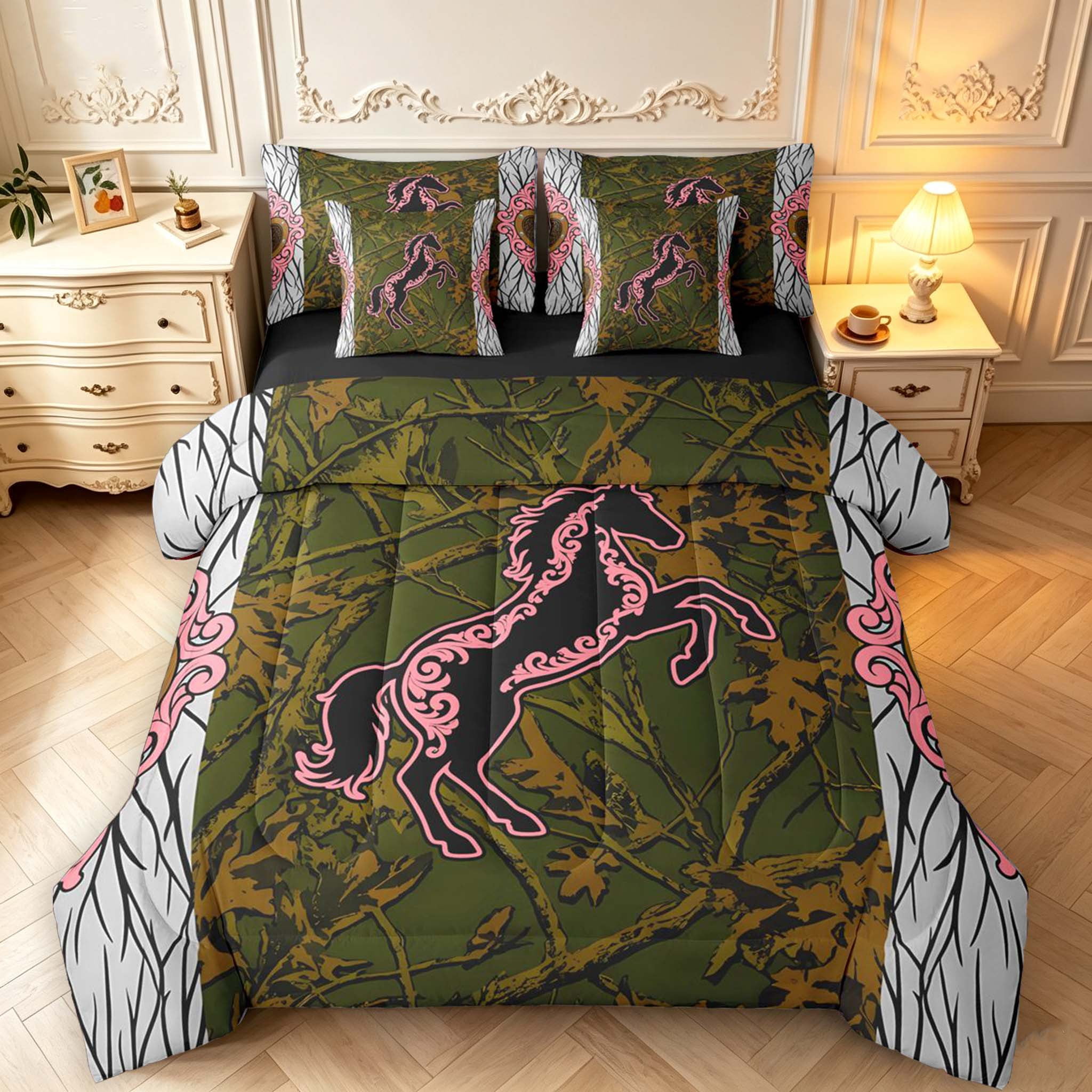 Erosebridal Retro Horse Animals 7-Piece King Bedding,Pink Pattern King ...