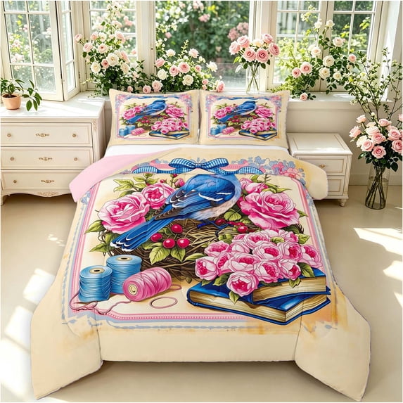 Erosebridal Retro Hummingbird King Size Comforter Sets,Cartoon Flower Comforters King Size,Cream Pink,Pink Reversible,3pcs,1 Comforter and 2 Pillowcases