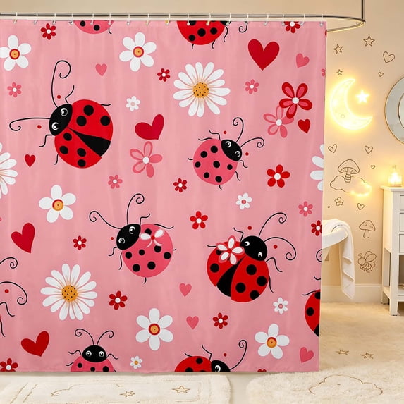 Erosebridal Retro Ladybug Shower Curtain 72Wx72L,Cartoon Daisy Floral Bathroom Curtain,Pink White