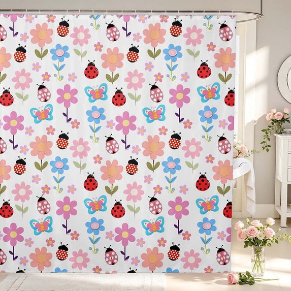 Erosebridal Retro Ladybug Shower Curtain 72Wx78L,Cartoon Flowers Bath Curtain,White Blue