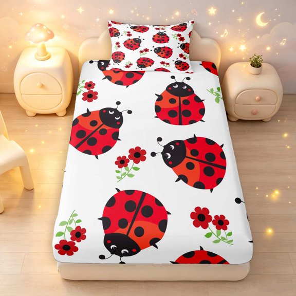 Erosebridal Retro Ladybug Twin Fitted Sheet,Cute Cartoon Flower Bedding,White Black,2pcs,1 Fitted Sheet and 1 Pillowcase