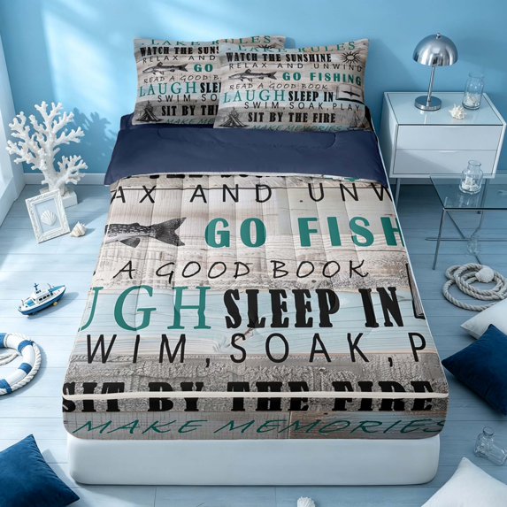 Erosebridal Retro Lake House Zipper Twin Comforter Sets with Fitted Sheet and 2 Pillowcases, Rustic Old Barn Door Zipper Bedding Set, Navy Reversible