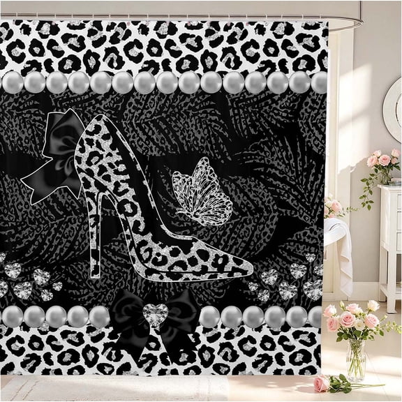 Erosebridal Retro Leopard High Heels Shower Curtain 72Wx78L,Cute Butterfly Bath Curtain,Black White