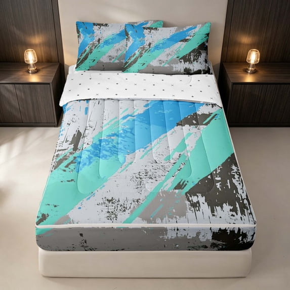 Erosebridal Retro Oil Painting Zipper Full Size Comforter Sets with Fitted Sheet and 2 Pillowcases, Blue Gray Ombre Zipper Bedding Set, Reversible