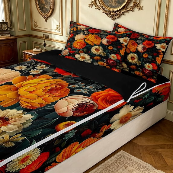 Erosebridal Retro Orange Blossom Zipper Twin Comforter Sets with Fitted Sheet and 2 Pillowcases for Women Girls, Botanical Flower Print Zipper Bedding Set, Black Reversible, 4 Pieces