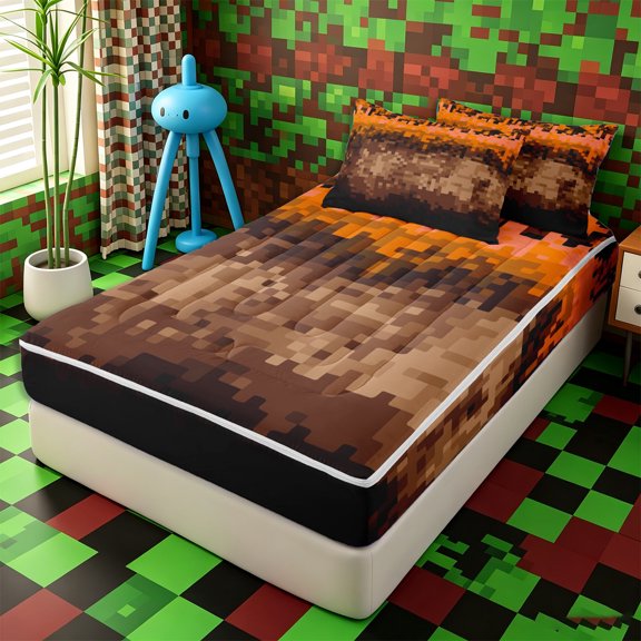 Erosebridal Retro Pixel Gradient Check Zipper Twin Comforter Sets with Fitted Sheet and 2 Pillowcases,Simple Cartoon Line Zipper Bedding Set,Amber Coffee Black,4-Piece,Reversible