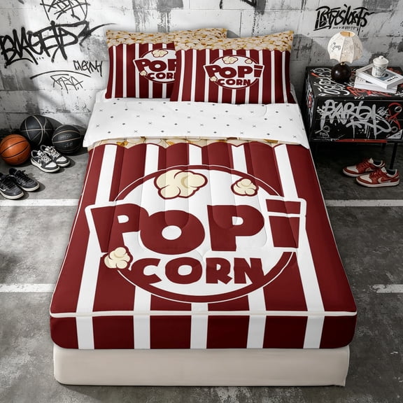 Erosebridal Retro Pop Corn Movie Zipper Twin Comforter Sets with Fitted Sheet and 2 Pillowcases for Boys Girls, Red White Stripes Line Zipper Bedding Set, Reversible, 4 Pieces