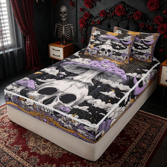 Erosebridal Retro Psychedelic Zipper Twin Comforter Sets with Fitted Sheet and 2 Pillowcases for Boys Girls, Purple Skull Mushroom Print Zipper Bedding Set, Halloween Reversible, 4pcs