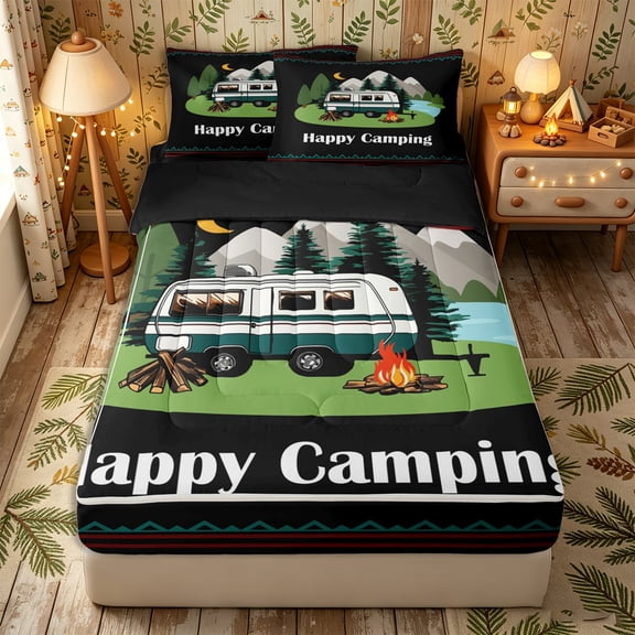 Erosebridal Retro RV Car Camping Pattern Zipper Twin Comforter Sets with Fitted Sheet and 2 Pillowcases,Adventure Theme Zipper Bedding Set,Black Green Red White,Black Reversible
