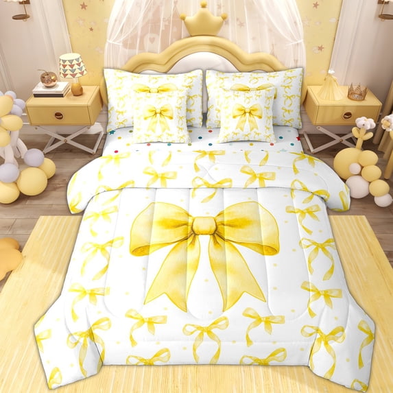 Erosebridal Retro Ribbon Bedding Comforter Set 7pcs for Kid, Butterfly Knot Queen Bedding Sets, White Yellow