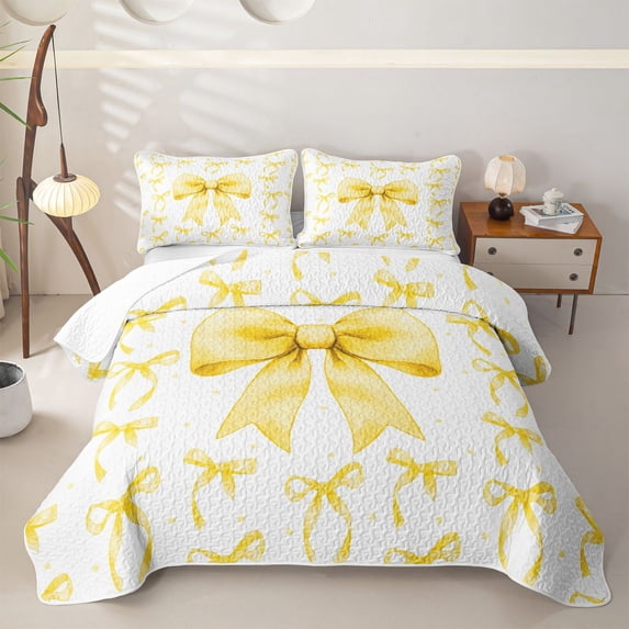 Erosebridal Retro Ribbon Quilt King for Girls Boys, Butterfly Knot King Coverlet Set, White Yellow, 3-Piece