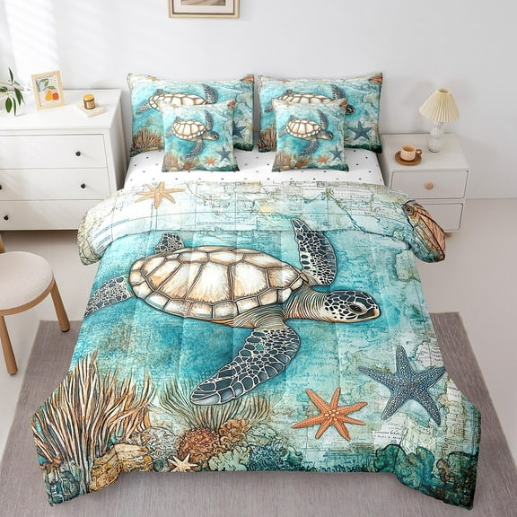 Erosebridal Retro Sea Turtle Bed in a Bag Full Size, Ocean Starfish Coral Bed Set, Nautical World Map Bedroom Decor, Reversible 7-Piece
