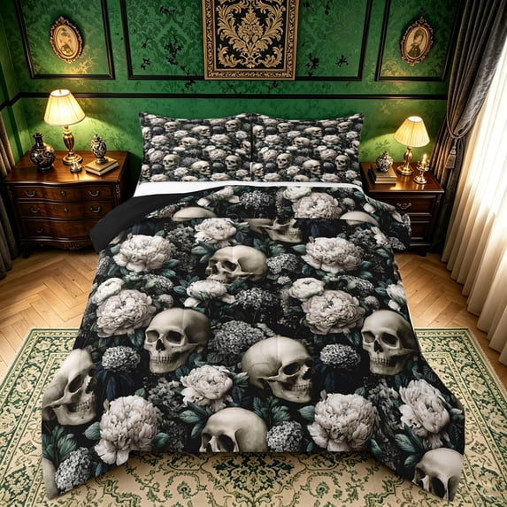 Erosebridal Retro Skull Skeleton Queen Comforter Set, Hydrangea Floral ...