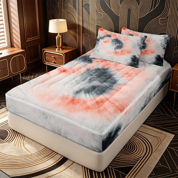 Erosebridal Retro Spiral Tie Dye Swirl Zipper Queen Comforter Set with Fitted Sheet and 2 Pillowcases,Smoky Watercolor Wash Zipper Bedding Set,Red Gray White,4 Pieces,Black Reversible